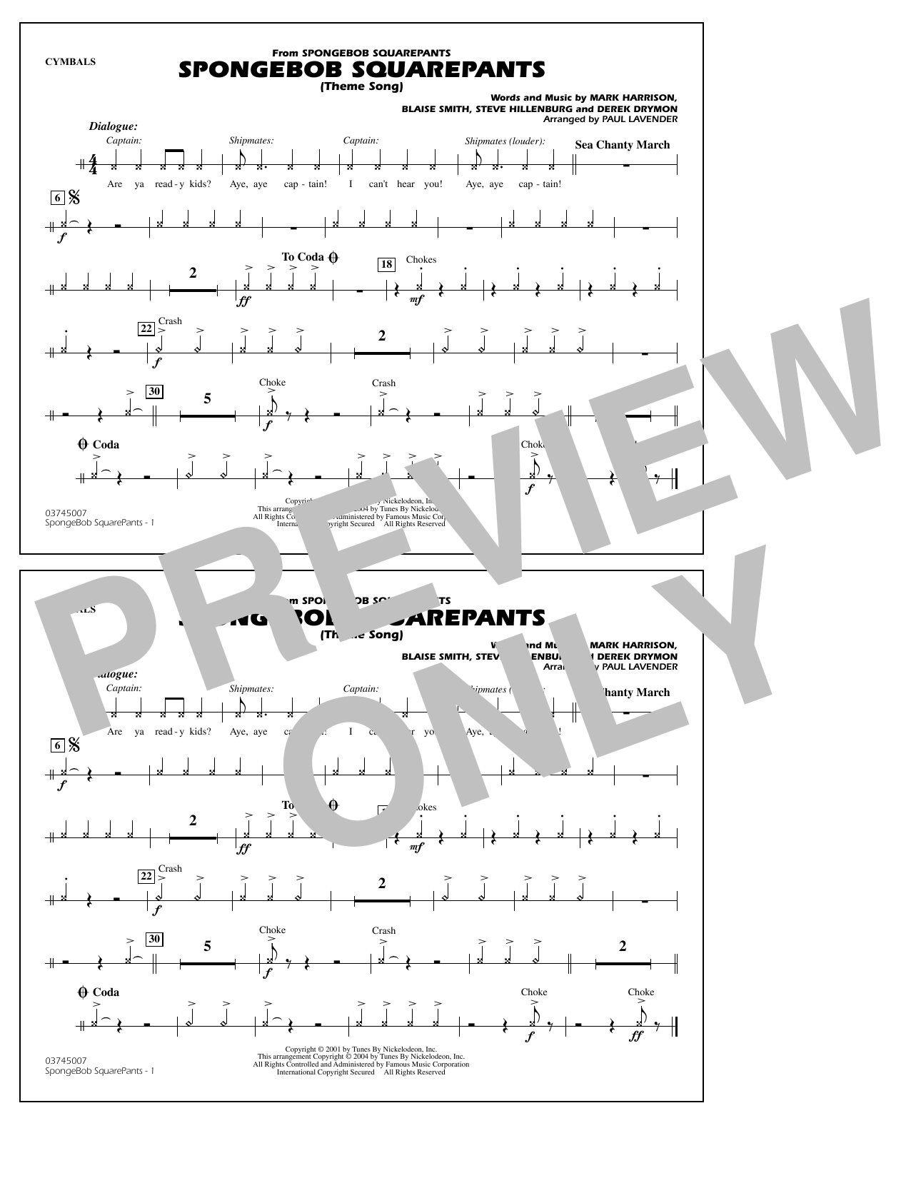 Produktbild zu: Spongebob Squarepants (Theme Song) (arr. Paul Lavender) - Cymbals