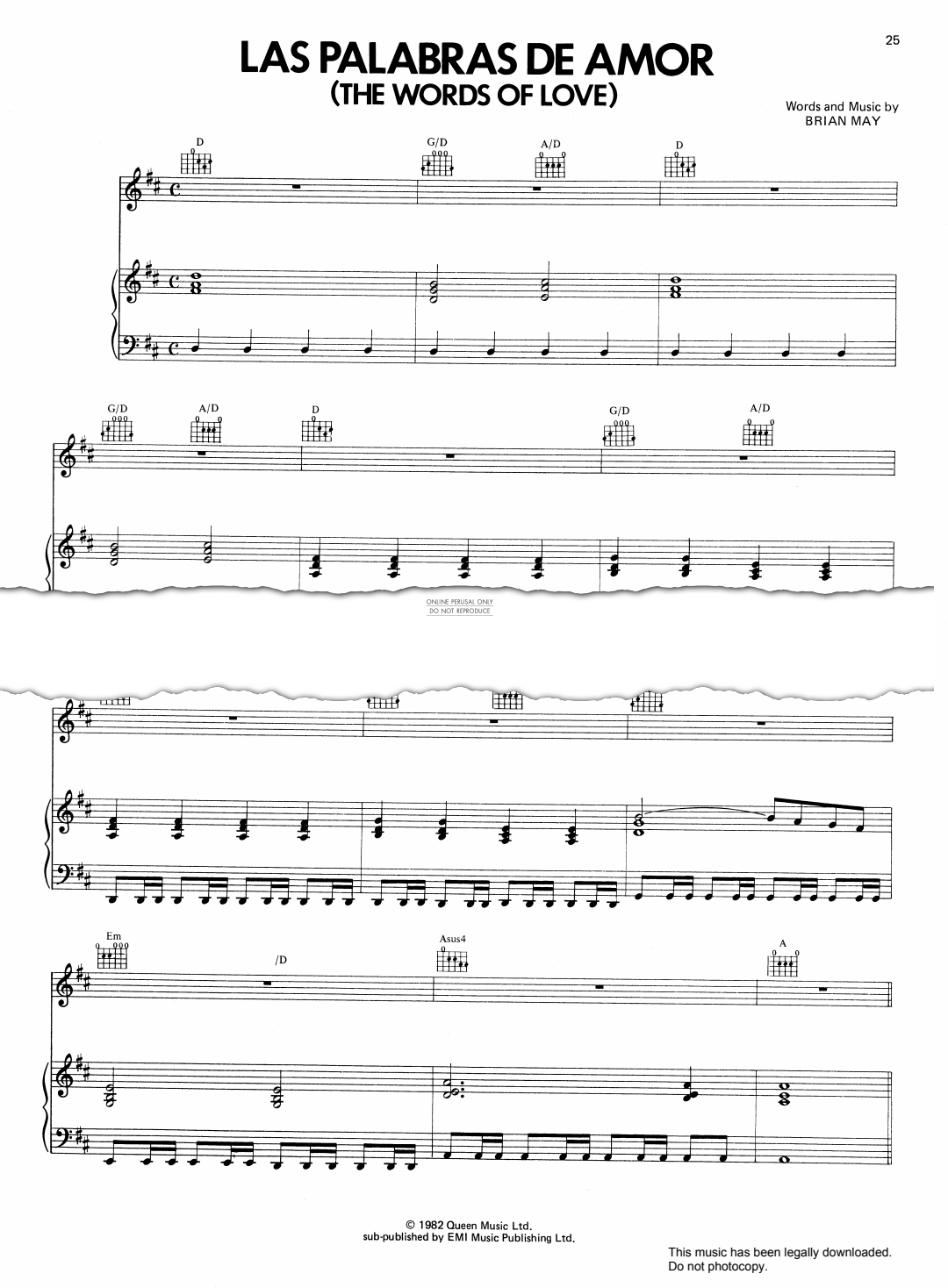 Produktgalerie: Seite 1 von 1 Las Palabras De Amor (The Words Of Love), Queen, Gesang, Gitarre, Klavier