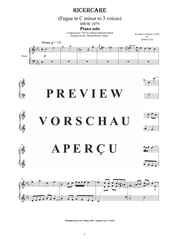 Produktgalerie: Seite 2 von 10 Ricercare - Fugue in C minor to 3 voices BWV 1079, , Klavier Solo