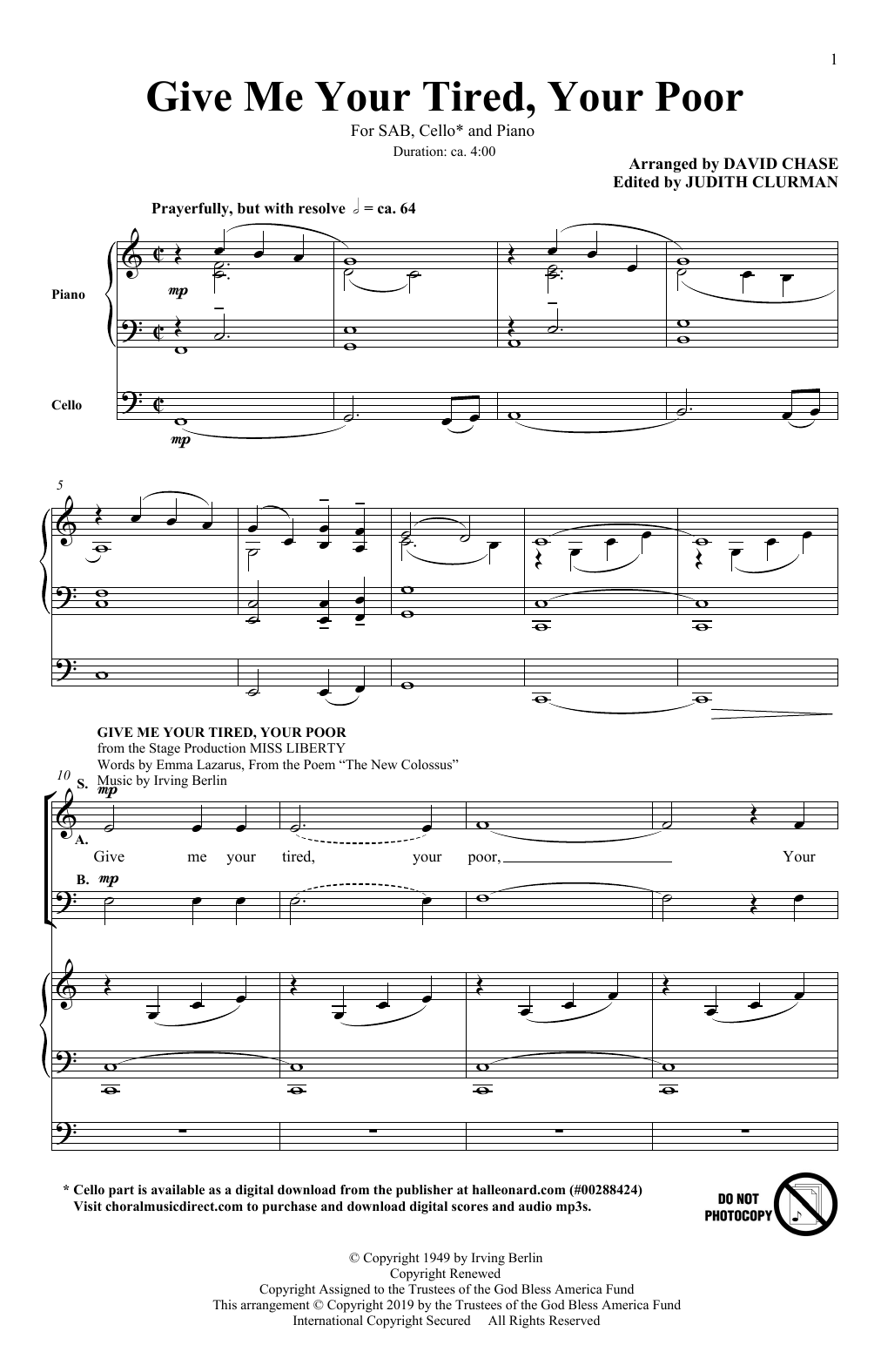 Product picture to: Give Me Your Tired, Your Poor (with God Bless America) (arr. David Chase)