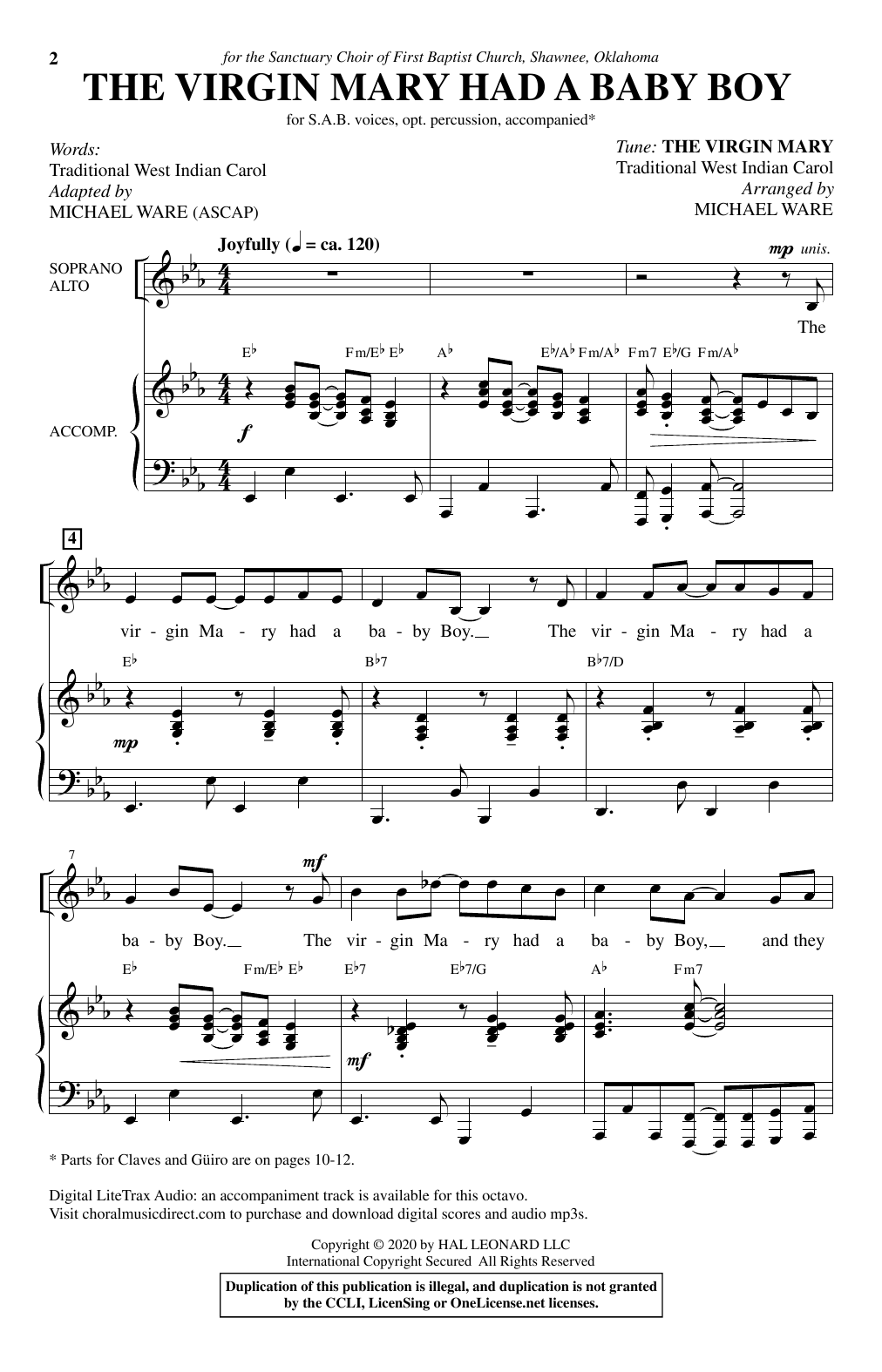Product gallery: Page 1 of 1 The Virgin Mary Had A Baby Boy (arr. Michael Ware), Traditional West Indian Carol