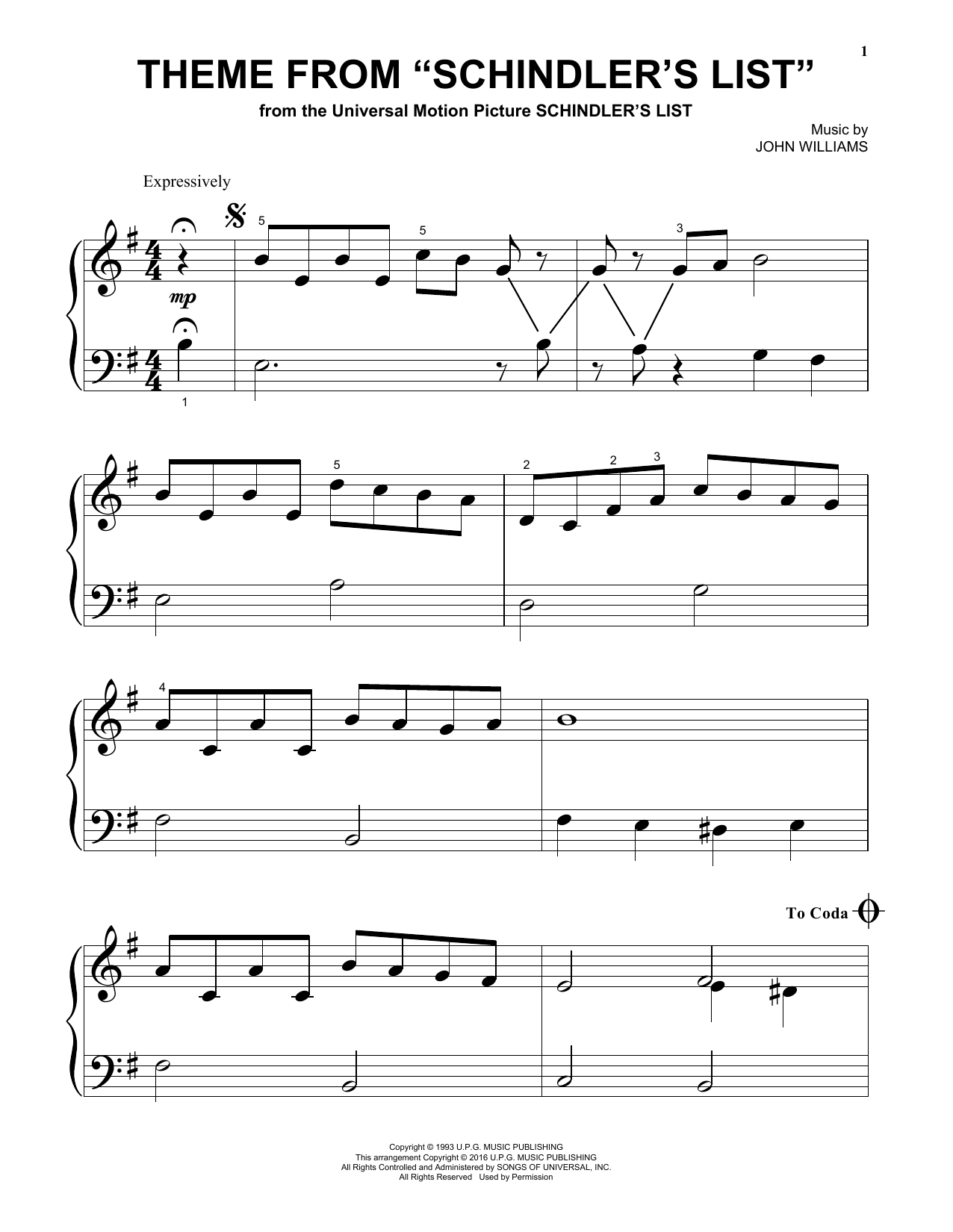 Produktgalerie: Seite 1 von 1 Theme From Schindler's List, John Williams, Klavier