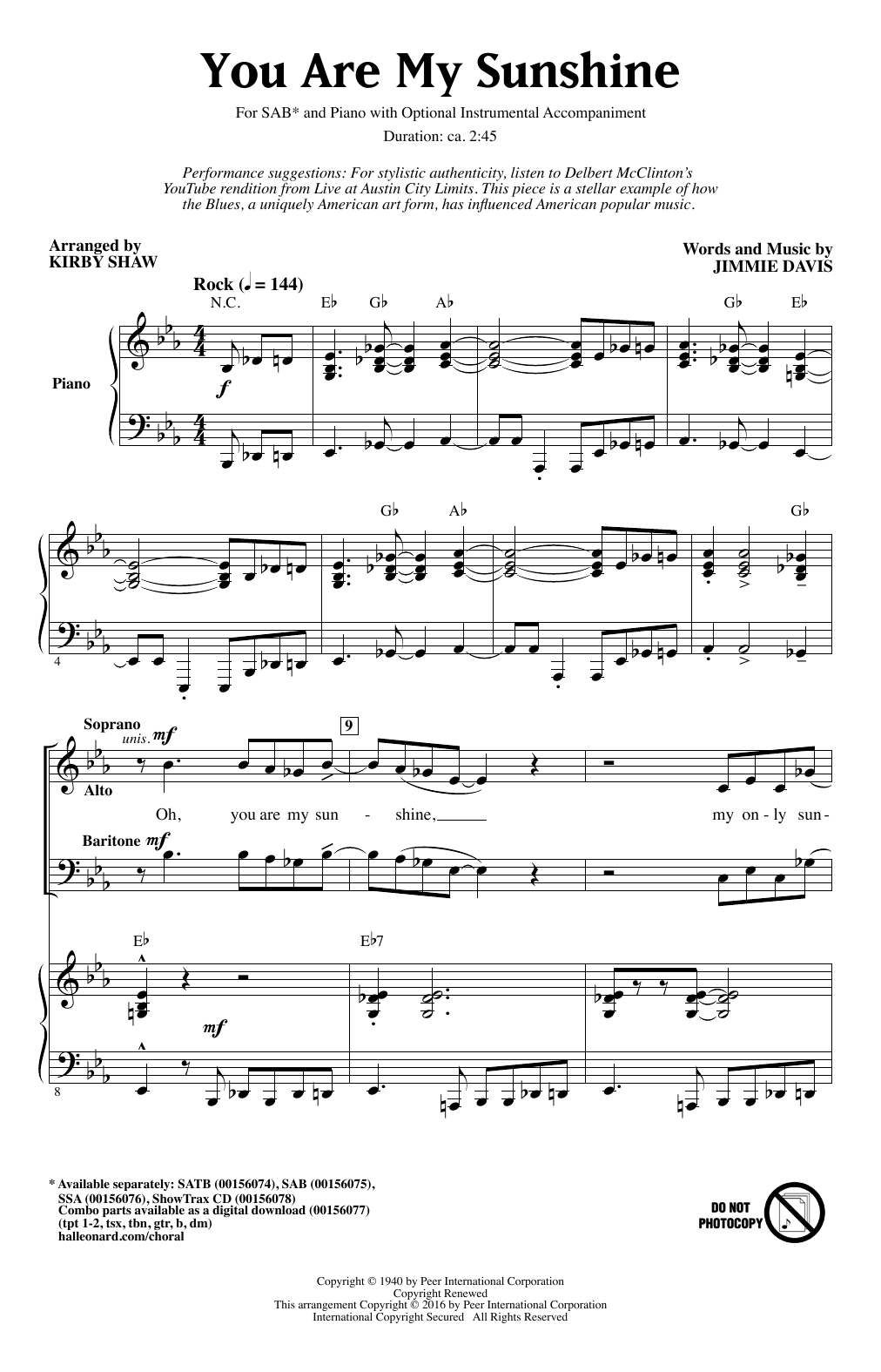 Produktbild zu: You Are My Sunshine (arr. Kirby Shaw)