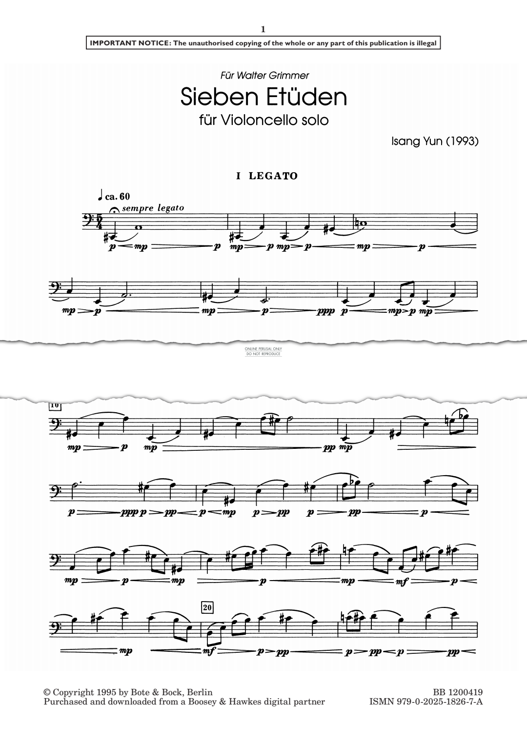 Produktgalerie: Seite 1 von 1 Legato (7 Etudes, No. 1), Isang Yun, Violoncello