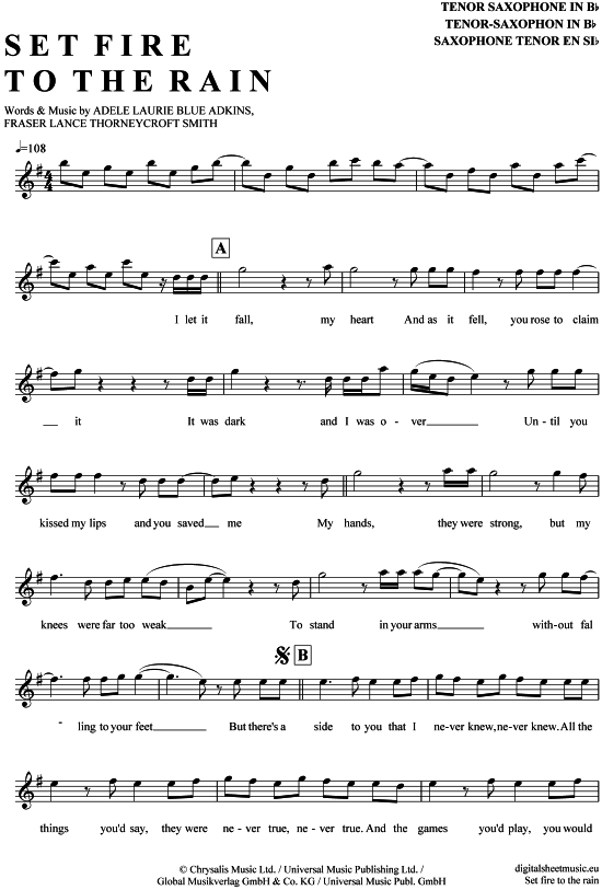 Product gallery: Page 1 of 4 Set fire to the rain , Adele, Tenor Saxophone