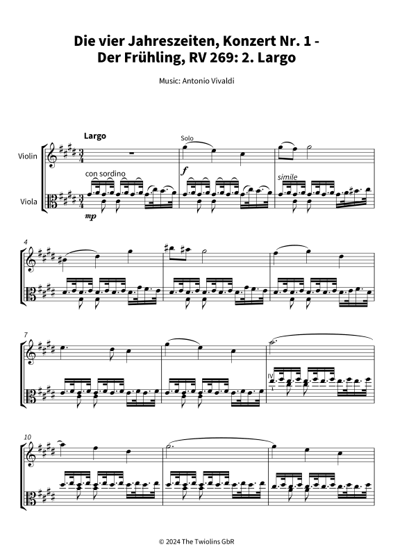 Produktgalerie: Seite 1 von 6 Die vier Jahreszeiten, Konzert Nr. 1 - Der Frühling - 2. Largo, The Twiolins, (Duett Violine + Viola)