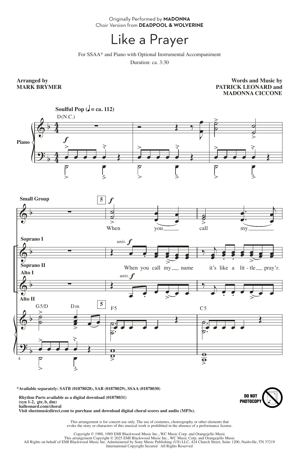Produktgalerie: Seite 1 von 1 Like A Prayer (from Deadpool & Wolverine) (arr. Mark Brymer), Patrick Leonard and Madonna Ciccone, Chor