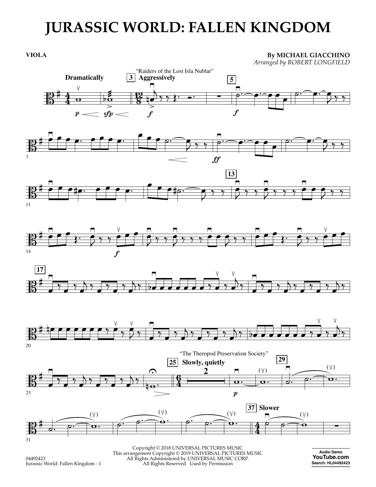 Product picture to: Jurassic World: Fallen Kingdom (arr. Robert Longfield) - Viola