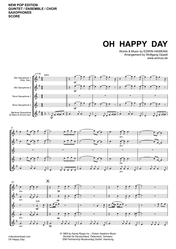 gallery: Oh Happy Day, Edwin Hawkins Singers, Saxophone quintet/ensemble/choir - electric bass with chords and drum set opt.