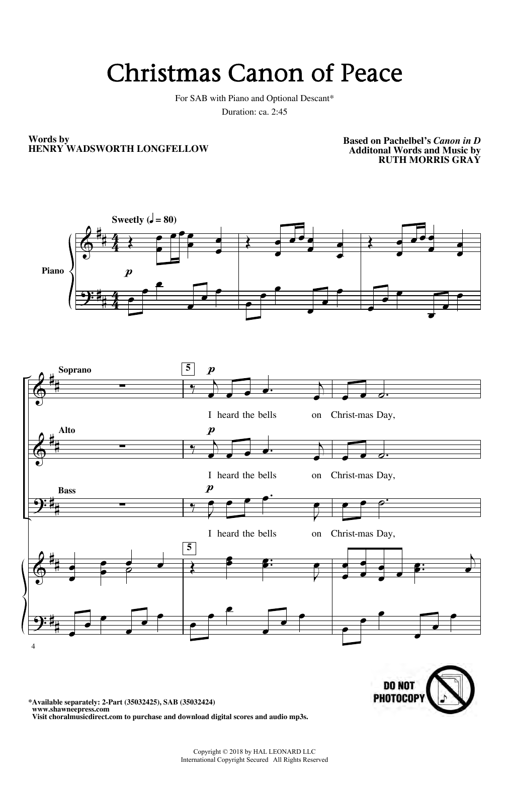 Product gallery: Page 1 of 1 Christmas Canon Of Peace (arr. Ruth Morris Gray), Johann Pachelbel