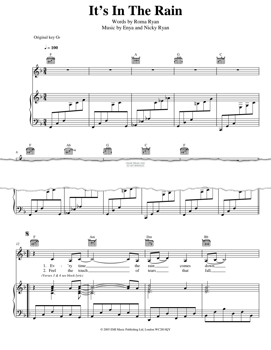 Produktgalerie: Seite 1 von 1 It's In The Rain, Enya, Gesang, Gitarre, Klavier