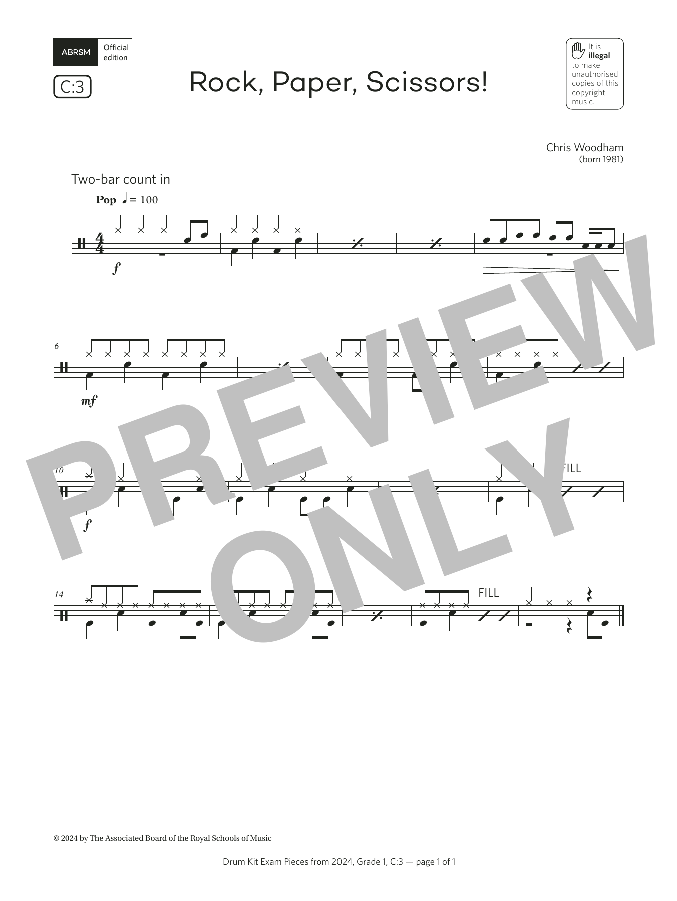 Product gallery: Page 1 of 1 Rock, Paper, Scissors!  (Grade 1, list C3, from the ABRSM Drum Kit Syllabus 2024), Chris Woodham