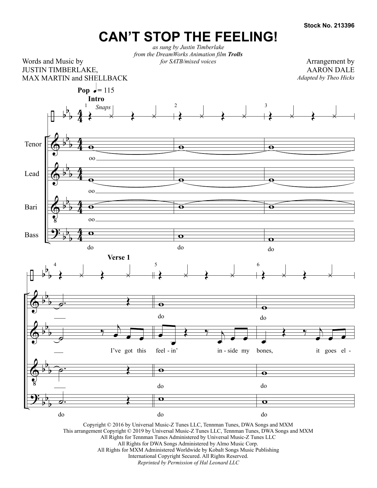 Product picture to: Can't Stop The Feeling! (from Trolls) (arr. Aaron Dale)