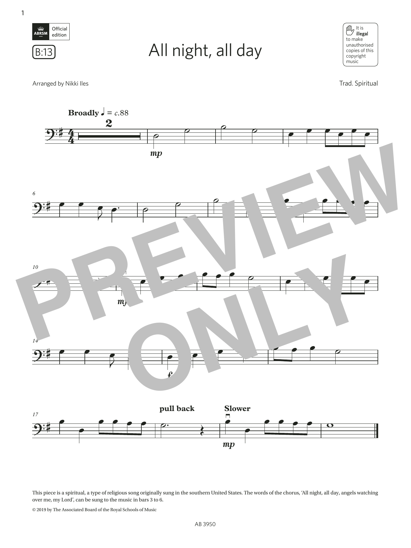 Produktbild zu:  All Night, All Day (Grade Initial, B13, from the ABRSM Double Bass Syllabus from 2024) - Trad. Spiritual