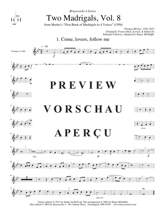Produktgalerie: Seite 13 von 14 Zwei Madrigale, Vol. 8, , (2xTrompete in B/C, Horn in F, Posaune)