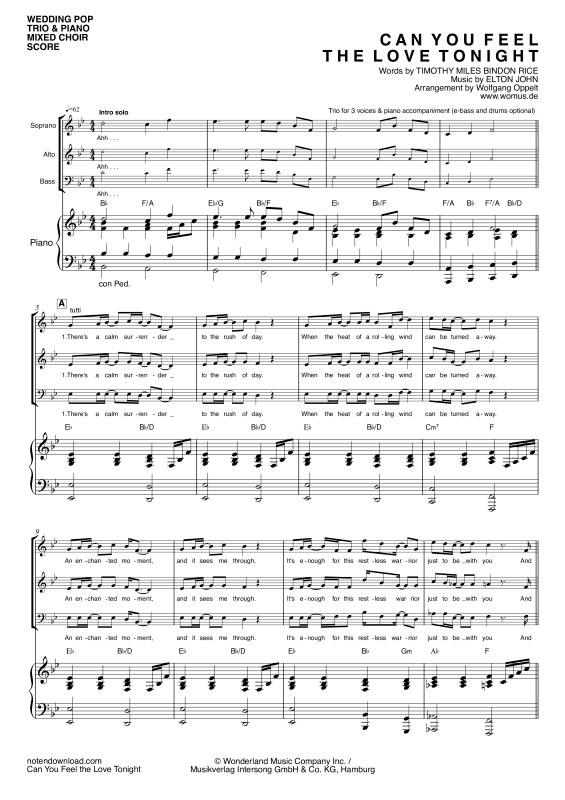 Produktgalerie: Seite 1 von 11 Can You Feel The Love Tonight, John, Elton, Gemischter Chor/Ensemble SAB und Klavier - E-Bass & Drum Set optional