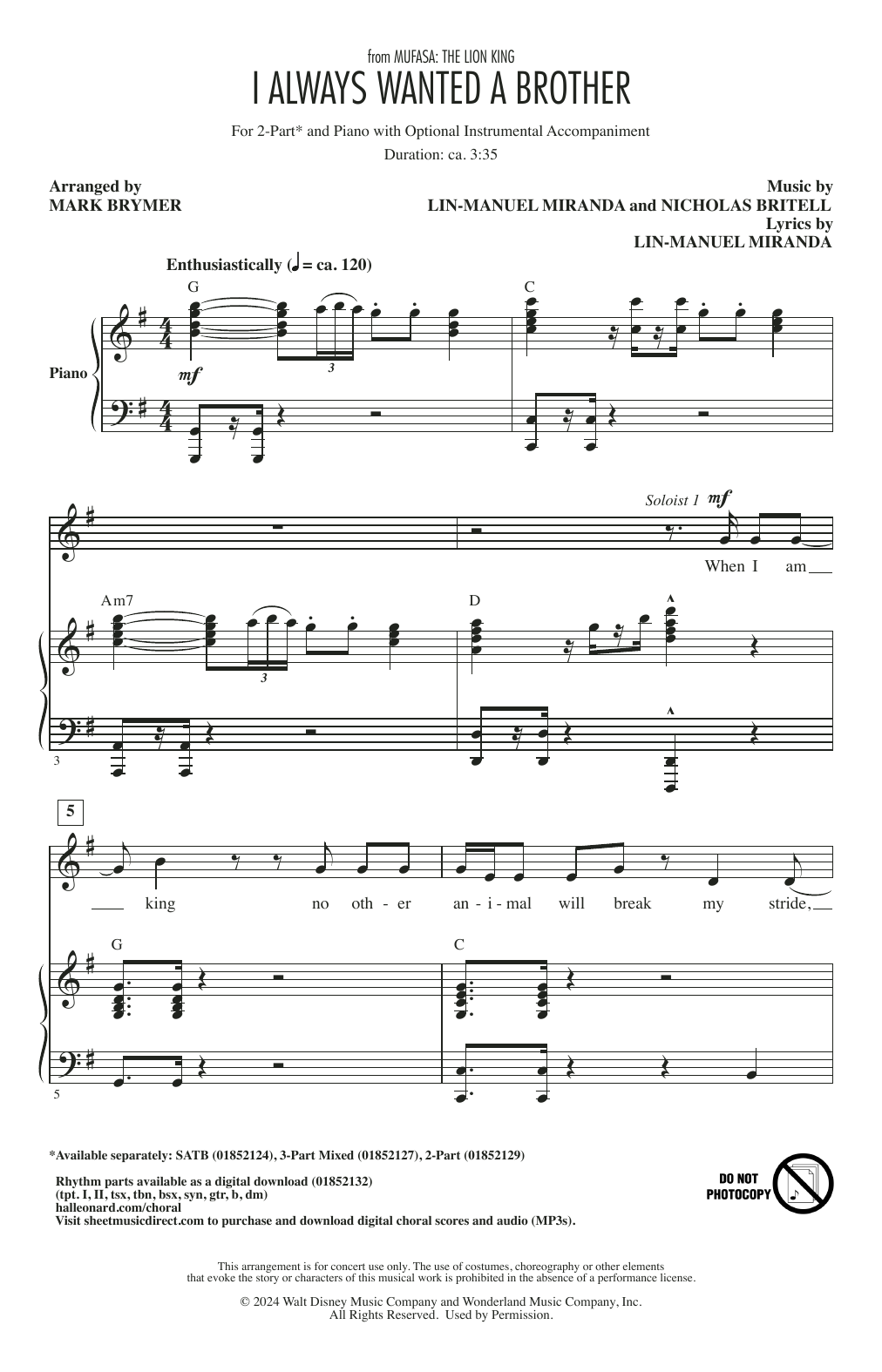 Product picture to: I Always Wanted A Brother (from Mufasa) (arr. Mark Brymer)