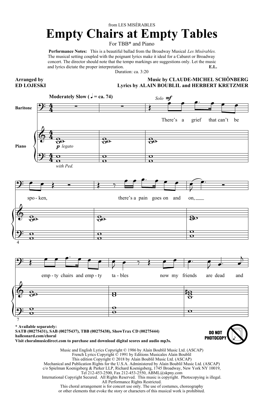 Product picture to: Empty Chairs At Empty Tables (from Les Miserables) (arr. Ed Lojeski)
