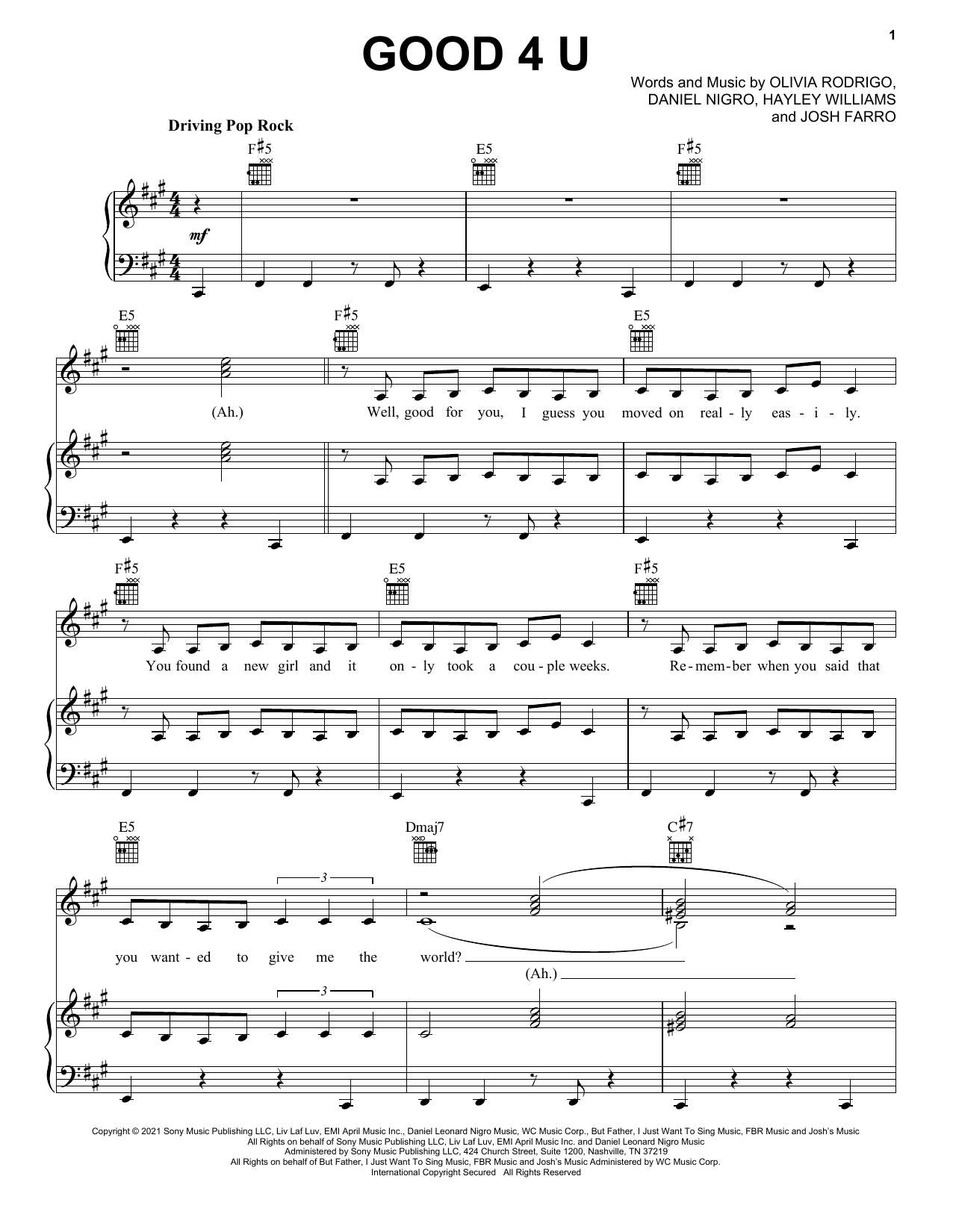 Produktgalerie: Seite 1 von 1 good 4 u, Olivia Rodrigo, Gesang, Gitarre, Klavier
