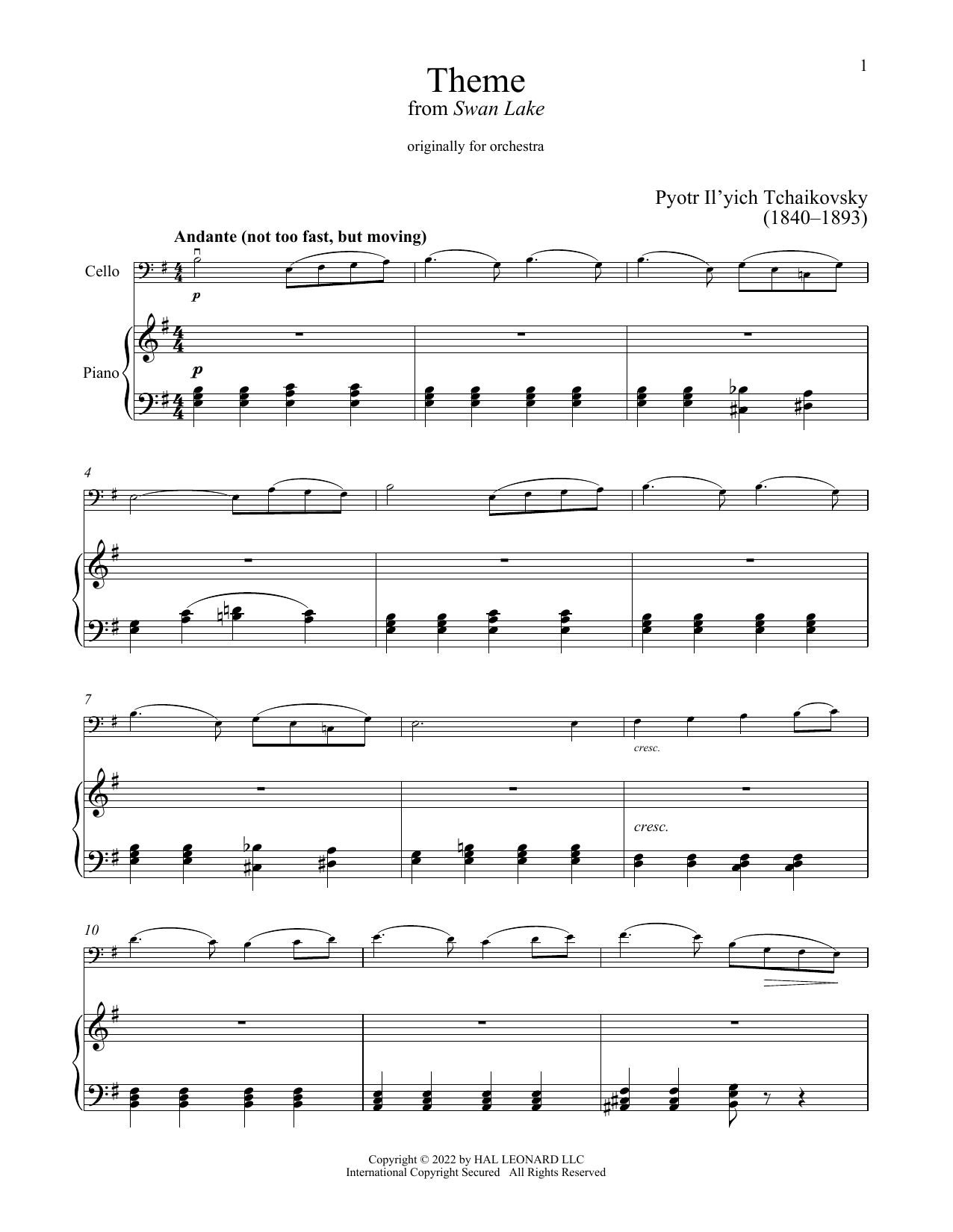 Produktgalerie: Seite 1 von 1 Theme From Swan Lake, Pyotr Il'yich Tchaikovsky, Klavier, Violoncello