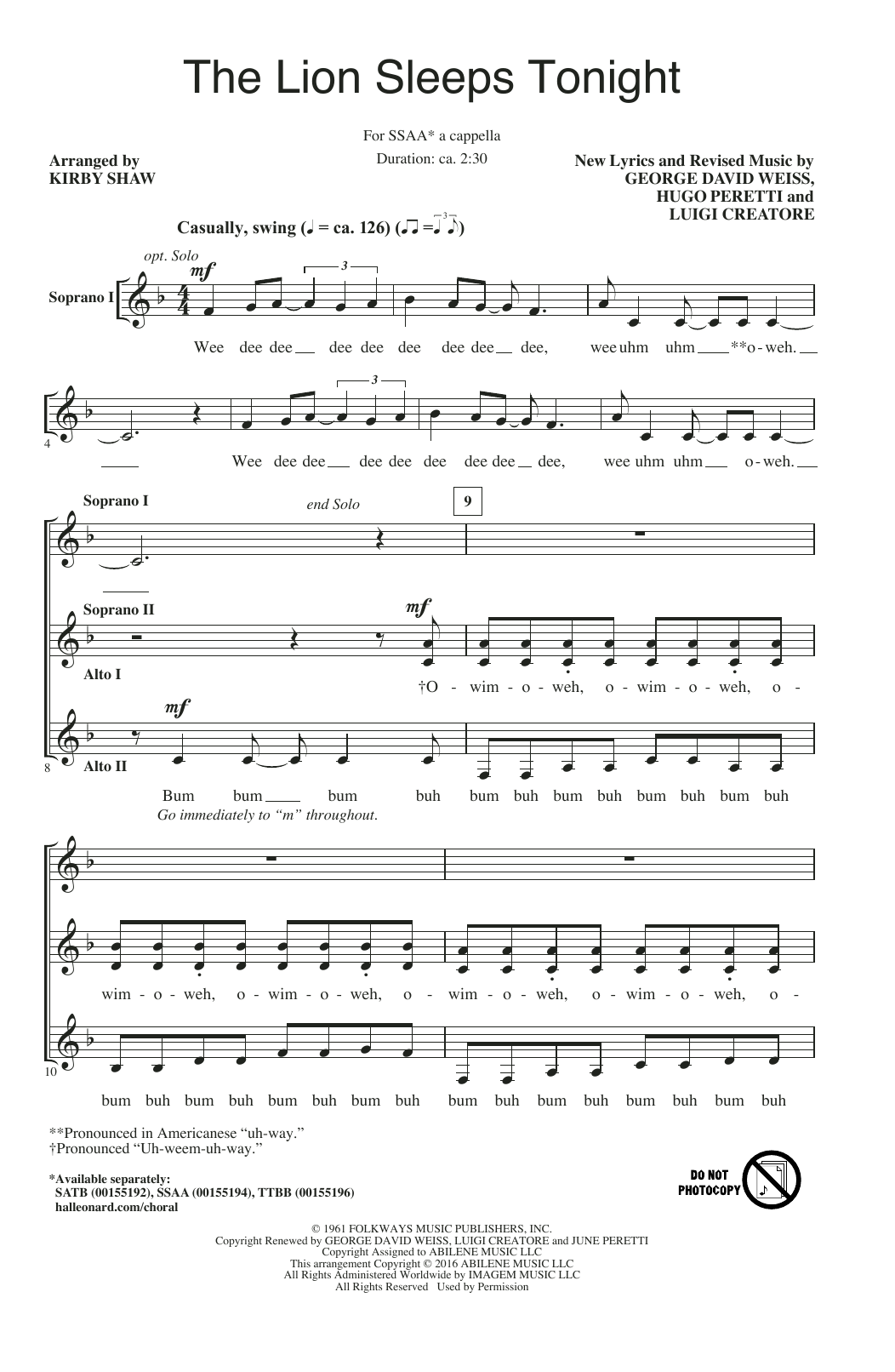 Product gallery: Page 1 of 1 The Lion Sleeps Tonight (arr. Kirby Shaw), The Tokens