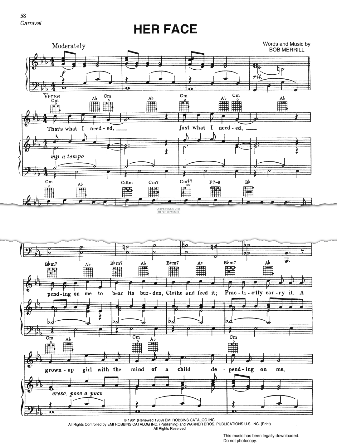Produktgalerie: Seite 1 von 1 Her Face (from 'Carnival'), Bob Merrill, Gesang, Gitarre, Klavier