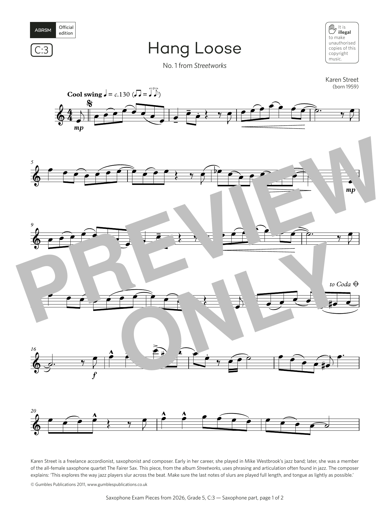 Product gallery: Page 1 of 1 Hang Loose (Grade 5, list C3, from the ABRSM Saxophone Syllabus from 2026), Karen Street