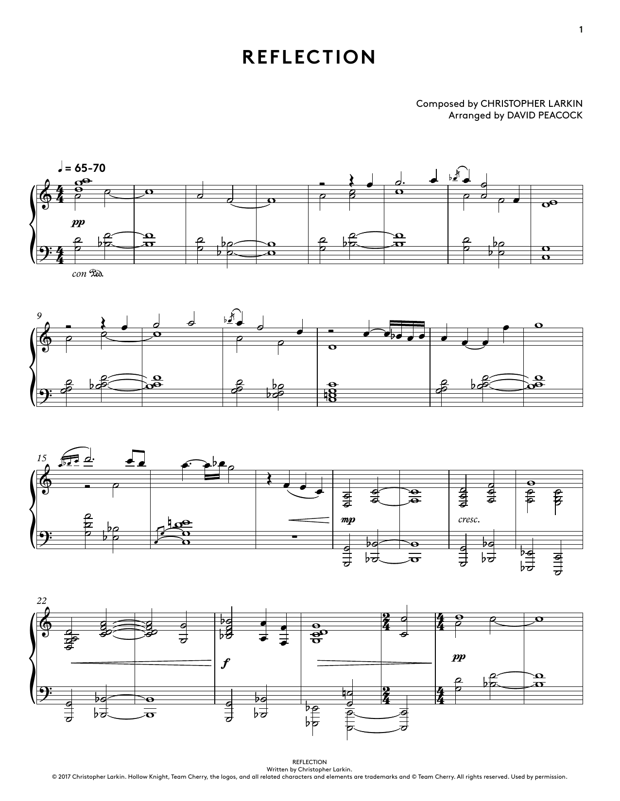 Product gallery: Page 1 of 1 Reflection (from Hollow Knight Piano Collections) (arr. David Peacock), Augustine Mayuga Gonzales