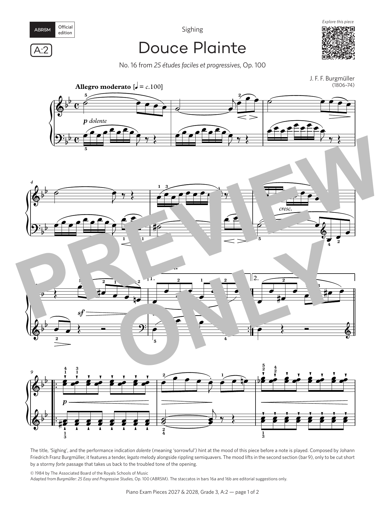 Produktbild zu: Douce Plainte (Grade 3, list A2, from the ABRSM Piano Syllabus 2027 & 2028)