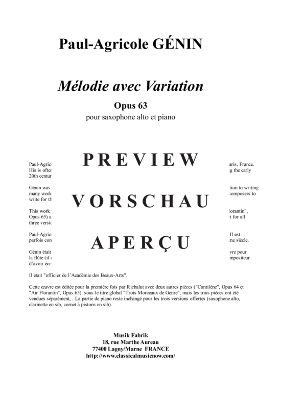 Product gallery: Page 2 of 12 Mélodie avec Variation, Opus 63 , , (alto saxophone + piano)