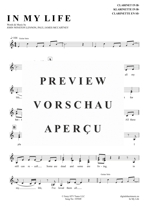 Product gallery: Page 2 of 4 In My Life, Beatles, The, (Klarinette in B)