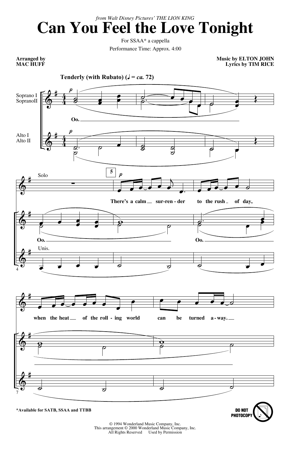 Product gallery: Page 1 of 1 Can You Feel the Love Tonight (from The Lion King) (arr. Mac Huff), Elton John