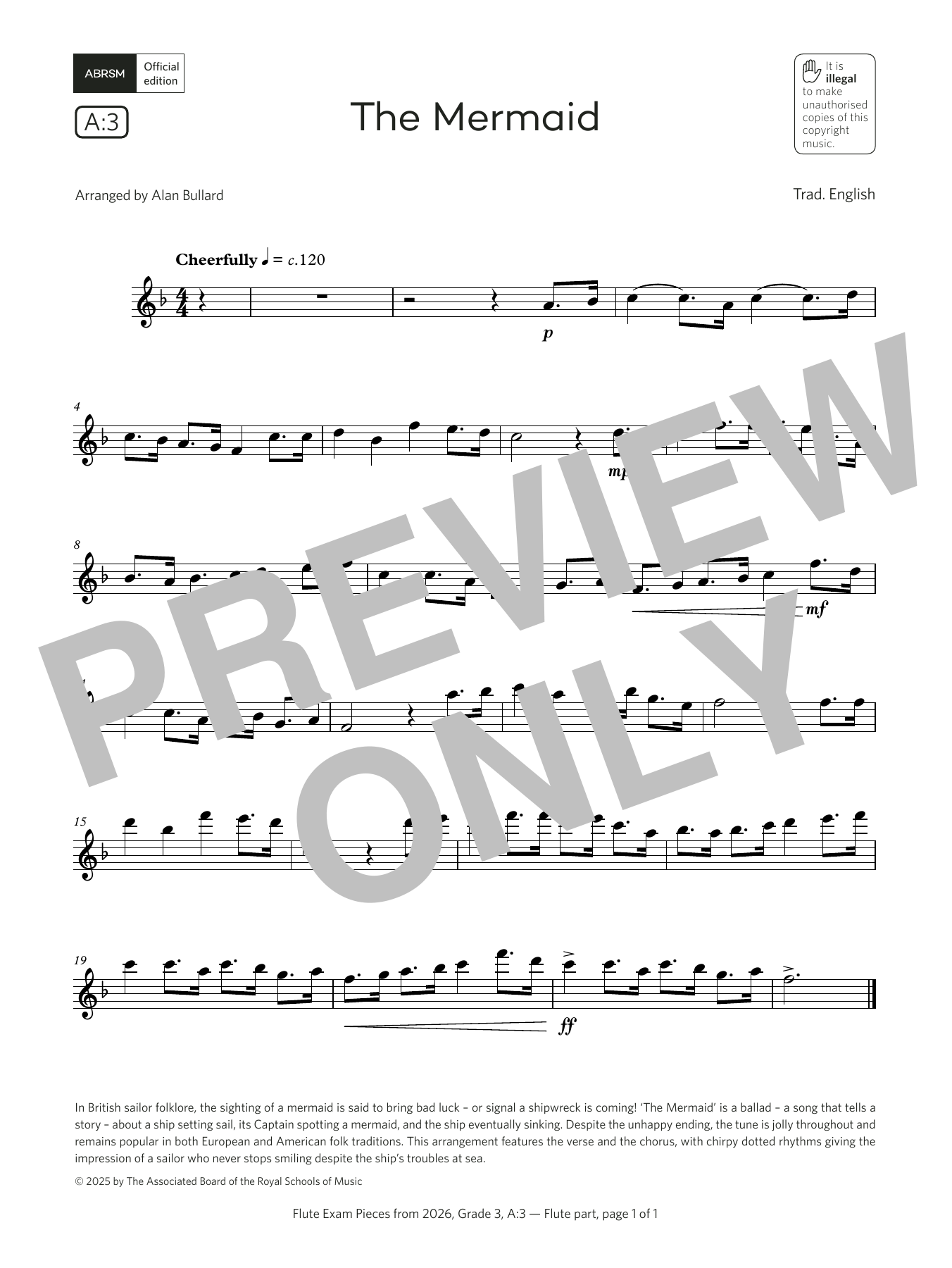 Product gallery: Page 1 of 1 The Mermaid (Grade 3, list A3, from the ABRSM Flute Syllabus from 2026), Trad. English