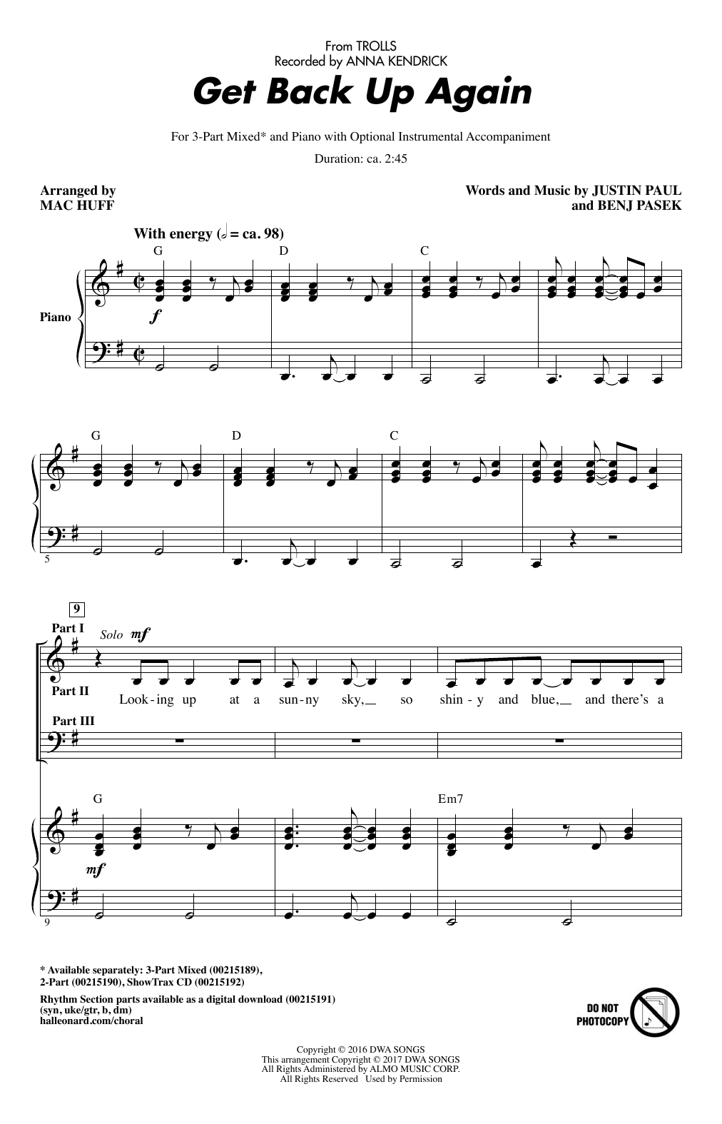 Product picture to: Get Back Up Again (from Trolls) (arr. Mac Huff)