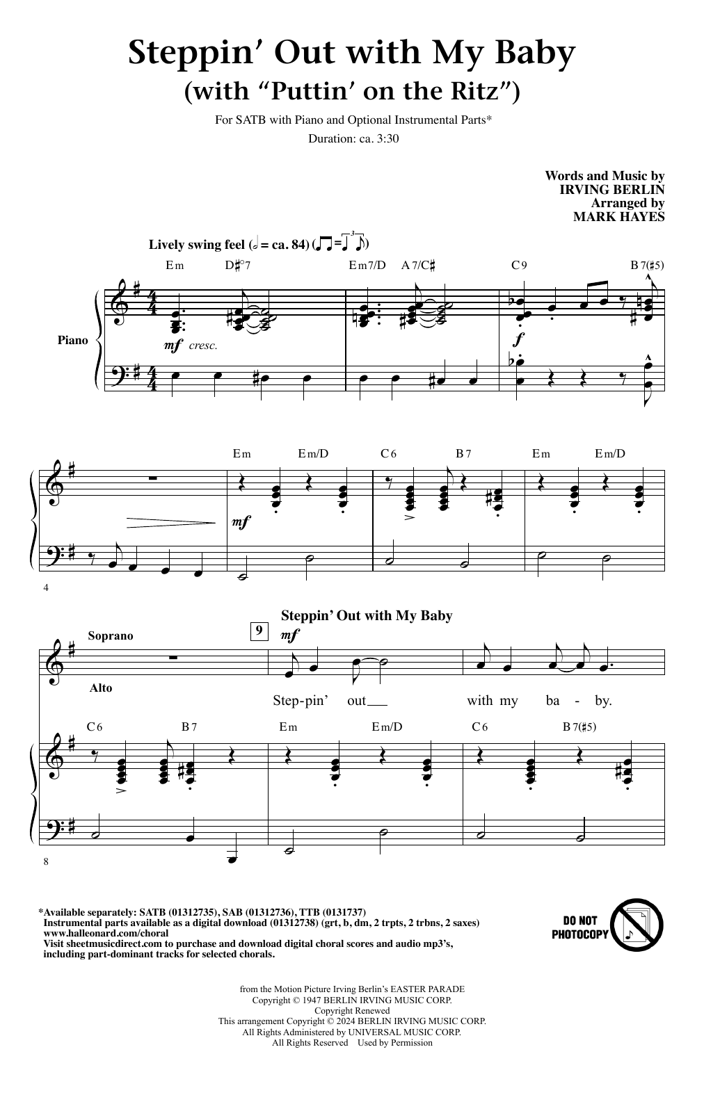 Product picture to: Steppin' Out With My Baby (with "Puttin' On The Ritz") (arr. Mark Hayes)
