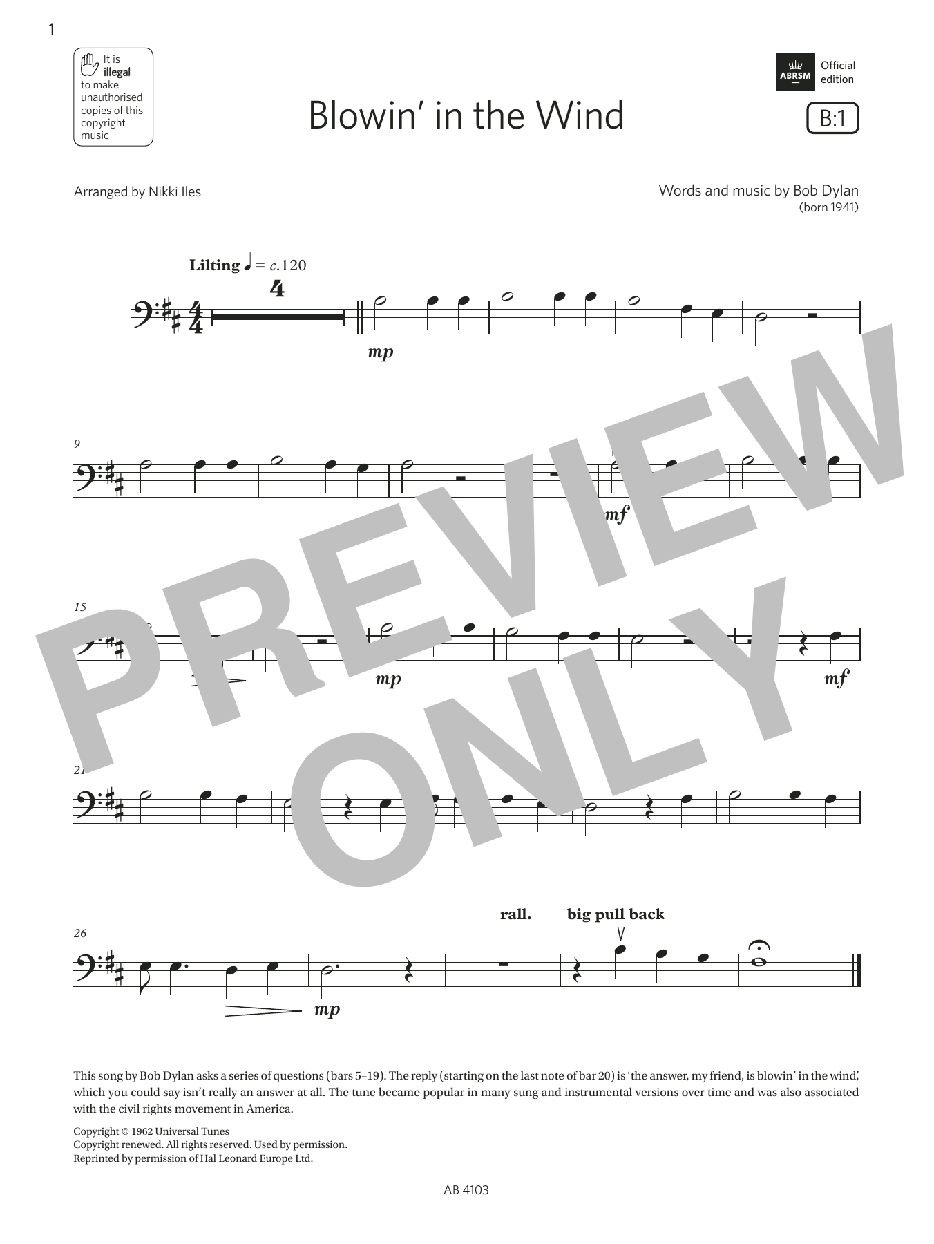 Produktbild zu:  Blowin' in the wind (Grade Initial, B1, from the ABRSM Cello Syllabus from 2024) - Bob Dylan