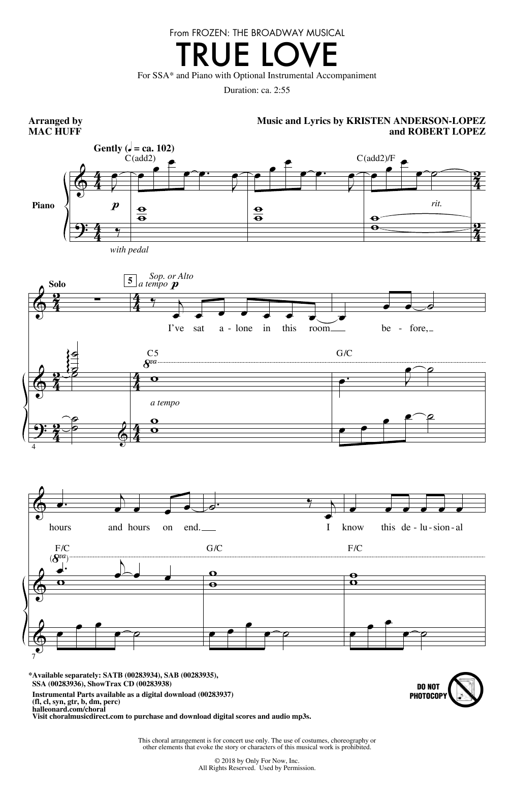 Product gallery: Page 1 of 1 True Love (from Frozen: the Broadway Musical) (Arr. Mac Huff), Kristen Anderson-Lopez & Robert Lopez