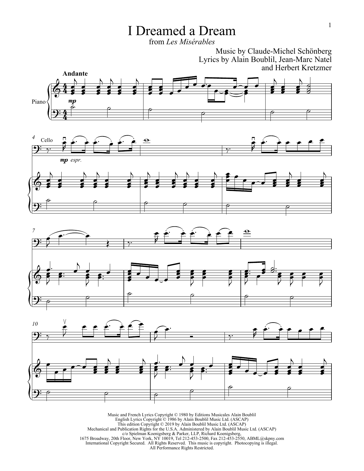 Produktgalerie: Seite 1 von 1 I Dreamed A Dream (from Les Miserables), Boublil and Schonberg, Klavier, Violoncello