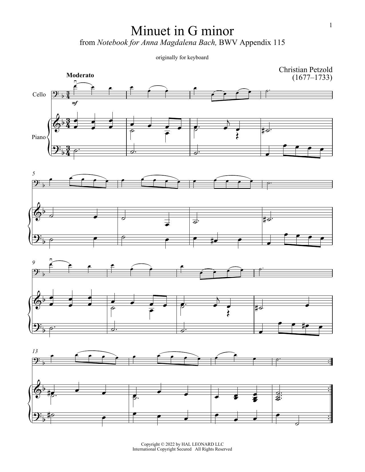 Produktgalerie: Seite 1 von 1 Minuet In G Minor, BWV Anh. 115, Christian Petzold, Klavier, Violoncello