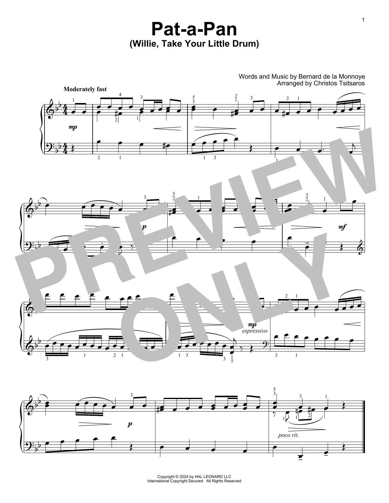 Produktgalerie: Seite 1 von 1 Pat-A-Pan (Willie, Take Your Little Drum) (arr. Christos Tsitsaros), Bernard de la Monnoye, Klavier