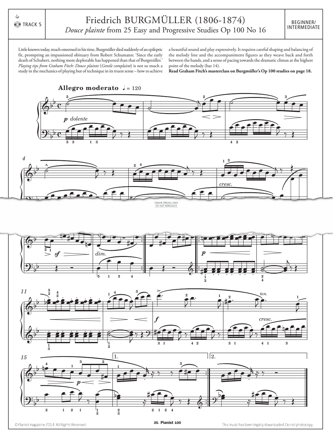 Product gallery: Page 1 of 1 Douce plainte from '25 Easy and Progressive Studies Op.100, No.16', Johann Friedrich Burgmüller