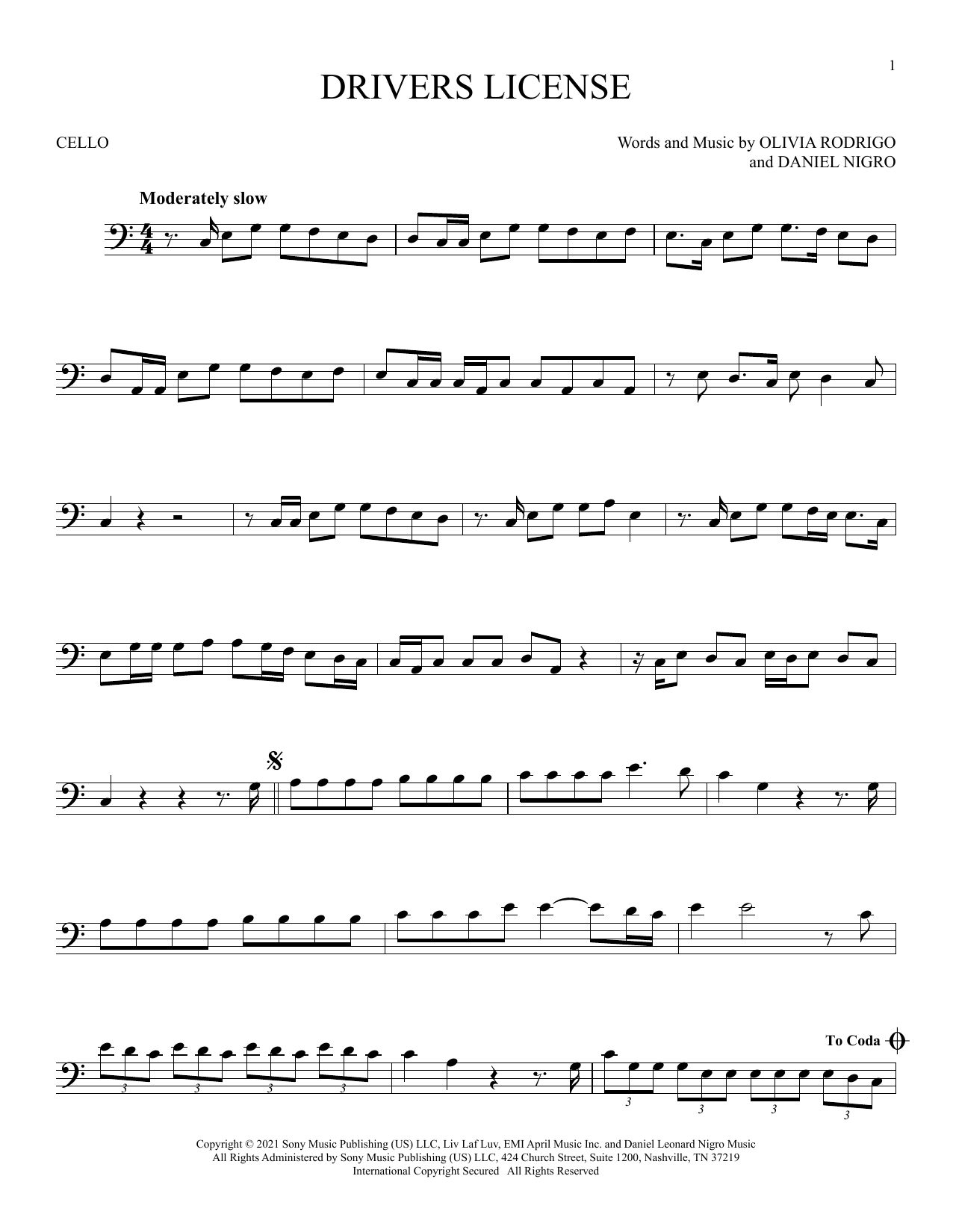 Produktgalerie: Seite 1 von 1 Drivers License, Olivia Rodrigo, Violoncello