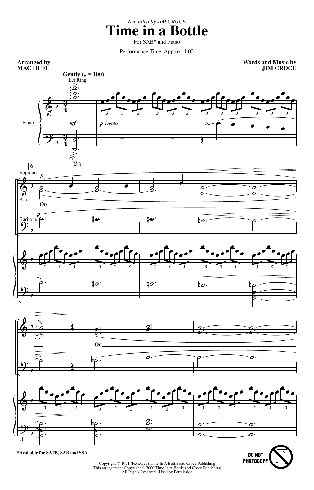 Product picture to: Time In A Bottle (arr. Mac Huff)