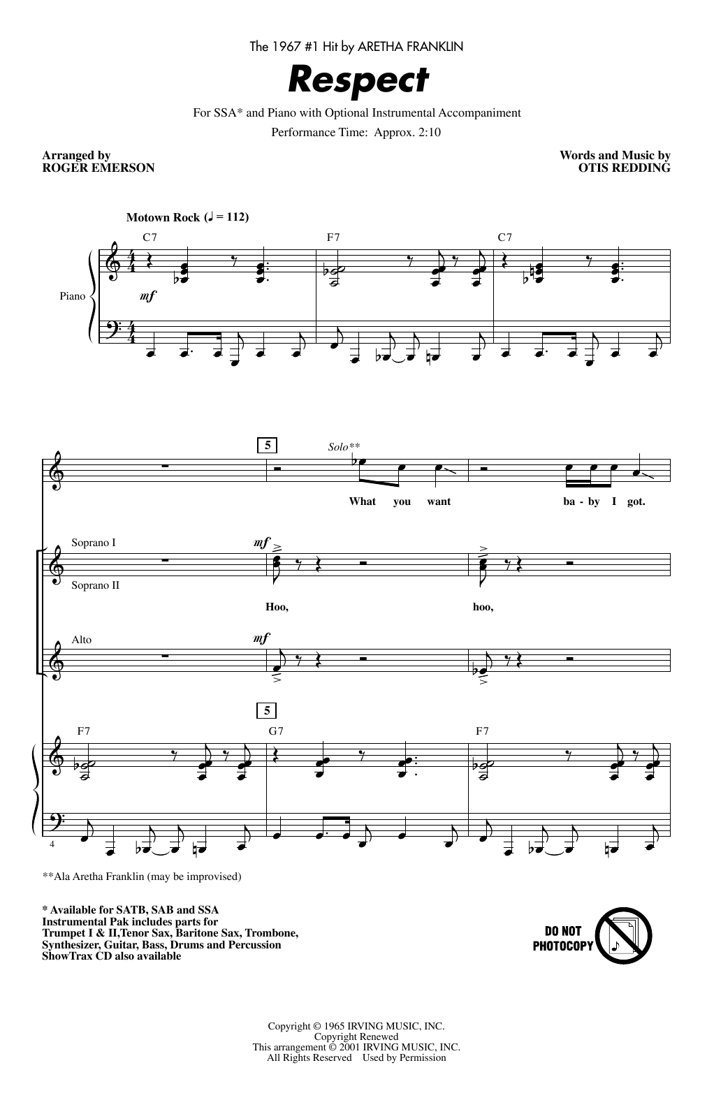 Product gallery: Page 1 of 1 Respect (arr. Roger Emerson), Aretha Franklin