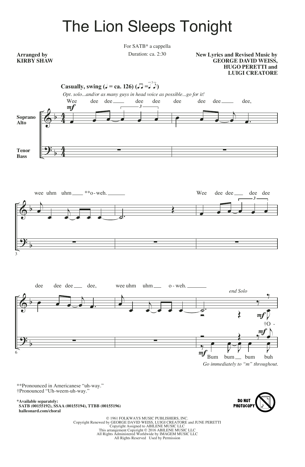 Product gallery: Page 1 of 1 The Lion Sleeps Tonight (arr. Kirby Shaw), The Tokens