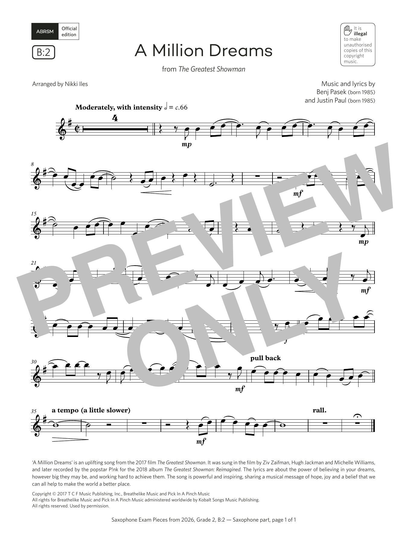 Product gallery: Page 1 of 1 A Million Dreams (Grade 2, list B2, from the ABRSM Saxophone Syllabus from 2026), Pasek & Paul