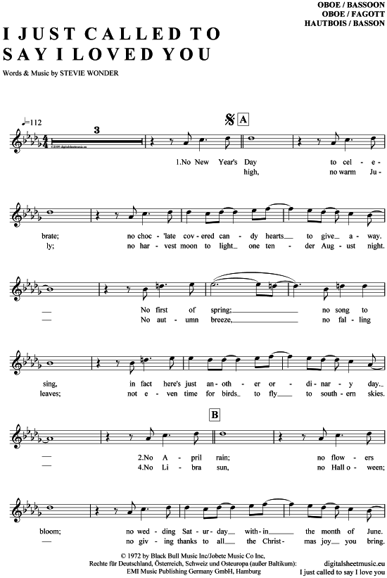 Produktgalerie: Seite 1 von 4 I just called to say I love you , Wonder, Stevie, (Oboe / Fagott)