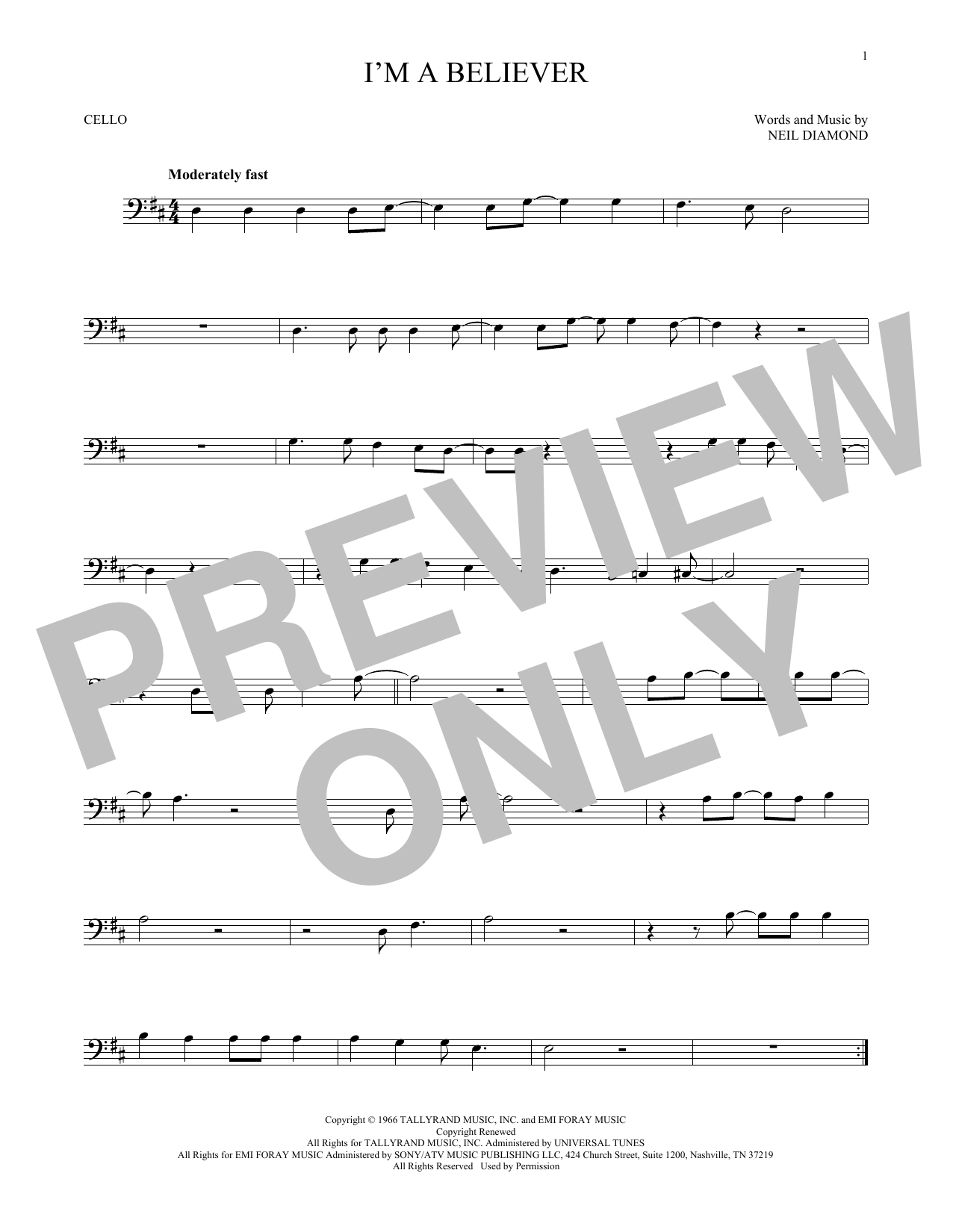 Produktgalerie: Seite 1 von 1 I'm A Believer, Neil Diamond, Violoncello