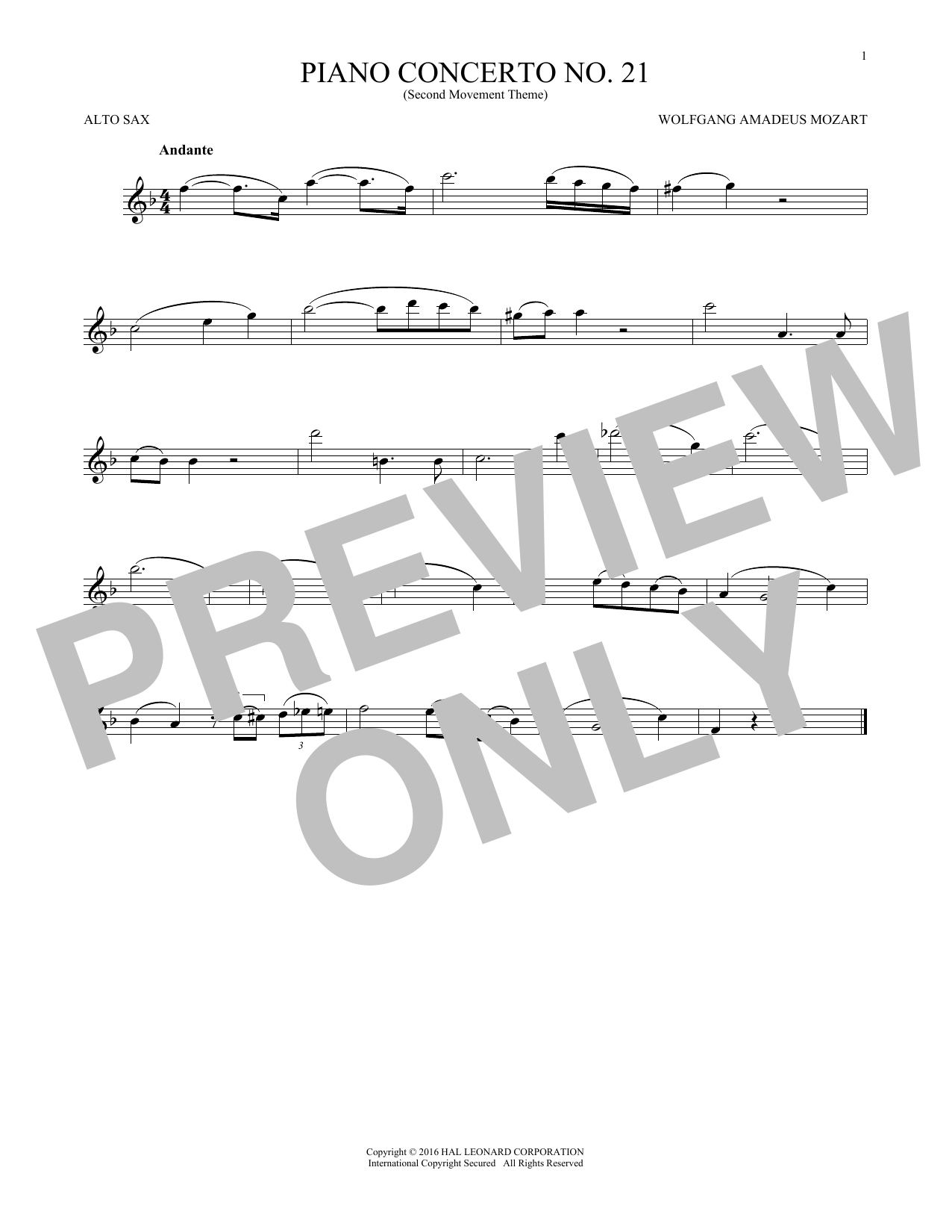 Product gallery: Page 1 of 1 Piano Concerto No. 21 In C Major ("Elvira Madigan"), Second Movement Excerpt, Wolfgang Amadeus Mozart