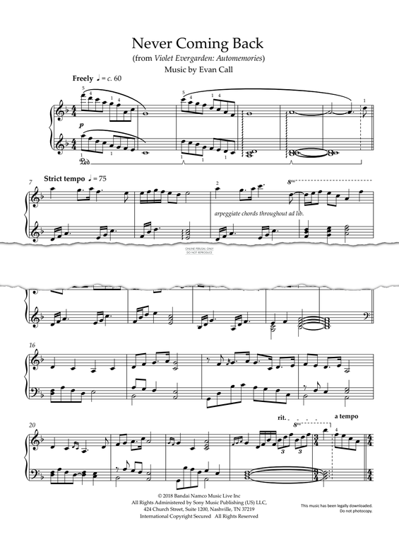 Produktgalerie: Seite 1 von 1 Never Coming Back (from 'Violet Evergarden: Automemories'), Evan Call, Klavier